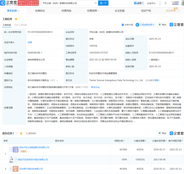 启远网  天和防务等在杭州成立数据科技公司
